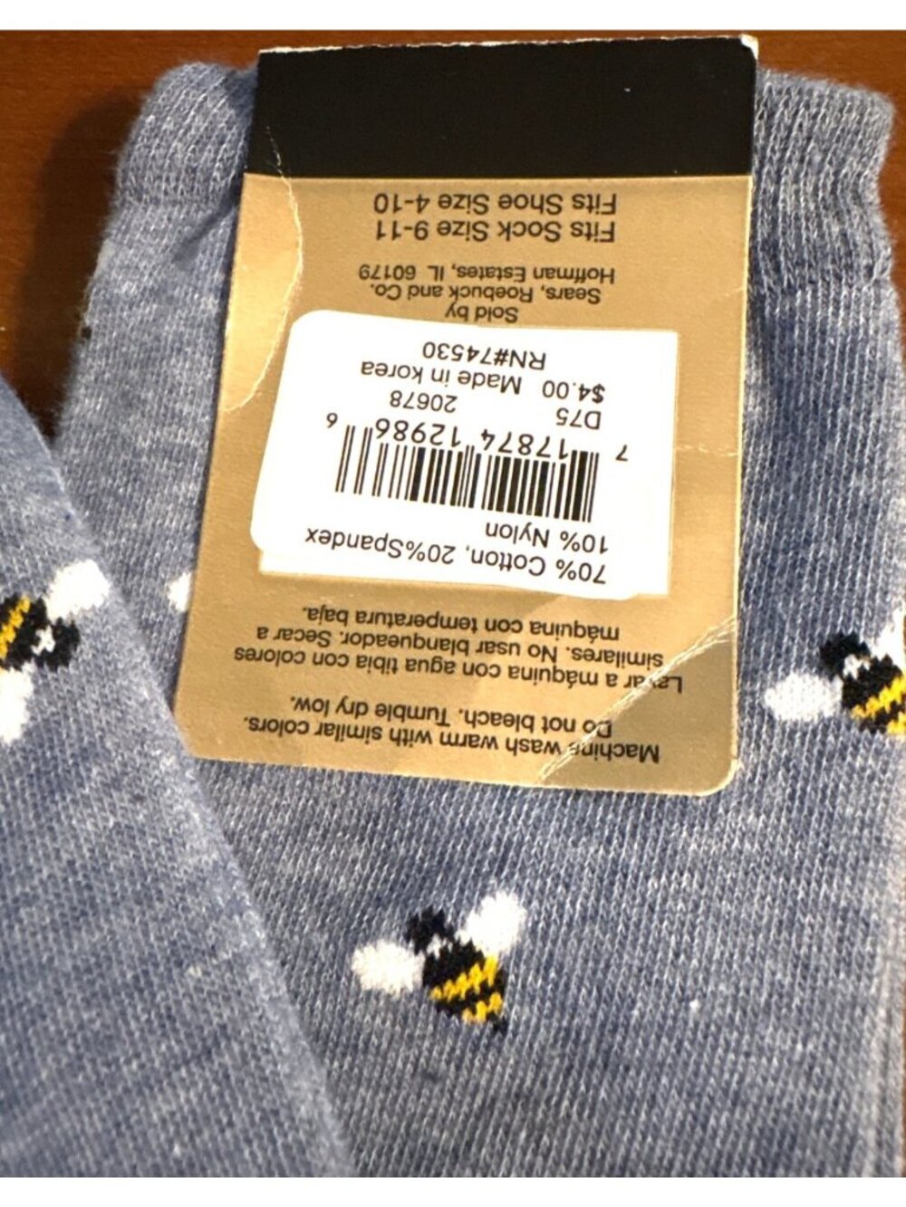 Womens Fashion Leg Express Bee Print Crew Socks 1 Pr Sz 4-10 Gray Yellow NWT - Picture 4 of 7